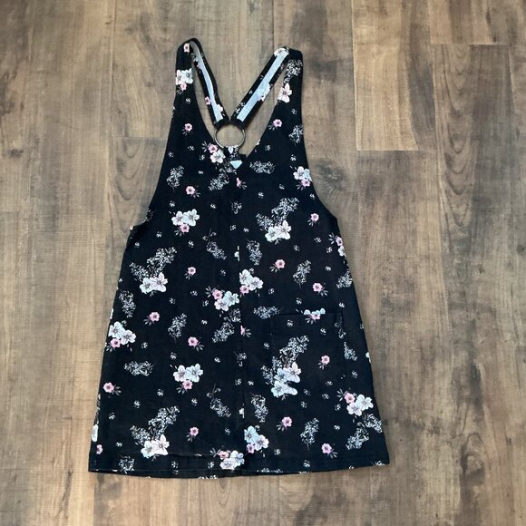 H&M Black Floral Ring Strap Overall Mini Dress Size 6 - Picture 1 of 6